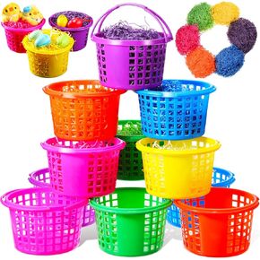 12 Pcs Multicolor Easter Baskets with Handles and 6 Pcs Easter Grass Stuffers Plastic Picnic Basket Kids Small Baskets Shelf Baskets Easter Basket Grass Craft Shredded Tissue Raffia for Easter Wedding