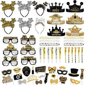 KatchOn NYE Party Favors 2025 Set - Pack of 64 | New Year Photo Props, Hats & Headbands | Happy New Year Glasses, Decorations