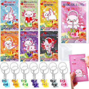 HyDren 28 Packs Kawaii Axolotl Greeting Cards with Keychains Gift for Kids Birthday Party Favors Classroom Prizes Exchange Goodie Bag Stuffers