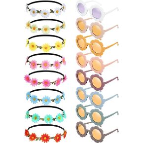 16 Pcs Groovy Party Favors for Kids Groovy Retro Flower Sunglasses Headbands Round Flower Glasses Eyewear Multicolor Daisy Flower Headband 60s Hippie Retro Costume Accessories Birthday Party Supplies