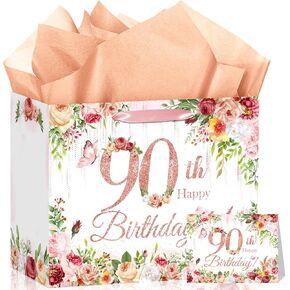 90th Birthday Gift Bag Flower Birthday Decorations for Women Rose Gold 90th Gift Wrapping Paper Bag Ninety for Cheers to 90 Years Old Party Favors Supplies