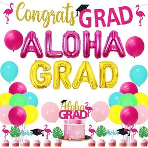 زخرفة حفل التخرج الاستوائي ، ديكور حزب الخريج - ألوها غراد بانر براية تهنئة Grad Glitter Banner Cake Toppers Star Flamingo Balloon for Summer Hawaiian Graduation Party