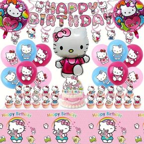 Birthday Party Supplies, Party Decorations Set Include Banner, Balloons, Hanging Swirls, Cake Cupcake Toppers, Tablecloth for Girls Kitty Theme Party