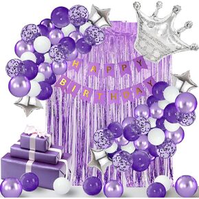 Purple Birthday Party Decorations with Happy Birthday Banner,Purple Confetti Balloons, Silver Crown Foil Balloon,Purple Fringe Curtain Background,for Women Girls Birthday Party