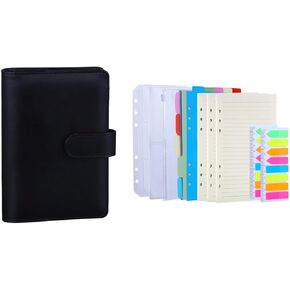 Antner A6 PU Leather Notebook Binder (Black) Bundle | 3 Pack A6 Refill Paper, 2 Pack 160pcs Neon Page Markers, 10pcs Binder Dividers, 3pcs Binder Pockets