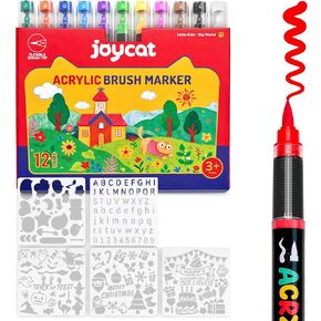Joycat 12 Color Marker Acrylic Paint ، علامة إبداعية ، قلم طلاء ذكي للتحكم في الحبر مع نصيحة الفرشاة للصخور والسيراميك والخشب والقطن والبلاستيك والزجاج والحجر والخطية ، هدية حرفة DIY للطفل والبالغين