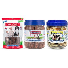 PCI Pet Center, Inc Beef Stakes, Duck Quackers, and Chicken & Biscuits Dog Treats Bundle