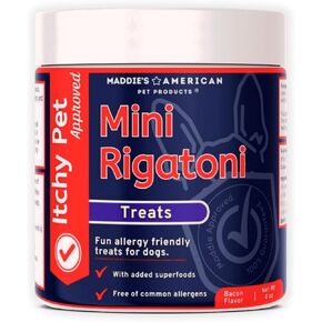Maddie's American Pet Products Allergy Allergy Friends ، Trears Limited Compiniant Dog - Mini Rigatoni Treats (3 ، لحم الخنزير المقدد)