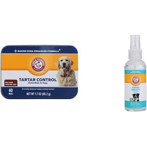 حزمة رعاية الأسنان الذراع والمطرقة للكلاب: Tartar Control Mints ، نكهة لحم البقر ، 40 عدًا من رذاذ الأسنان الطازج ونكهة النعن