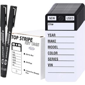 Top Stripe Purple 250 Pcs Key Tags with 250 Rings & 2 Black Markers - Heavy Duty, Waterproof, Write On, Tear Proof, Car Dealership Vinyl Poly Key Tags