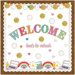 106 Pcs Back to School Bulletin Board Decorations Set Boho Groovy Paper Cutouts Welcome Preppy Colorful Bulletin Board Decorations for Welcome Back to School Classroom Party Supplies