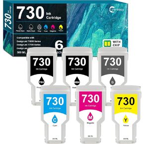 730 Ink Cartridge 6-Pack 300-ml P2V68A P2V69A P2V70A P2V71A P2V72A P2V73A Ink Compatible for HP 730 Ink Cartridge Replacement for HP DesignJet T1600 T1700 T2600 Printer (6-Pack, MBK/PBK/C/M/Y/GY)