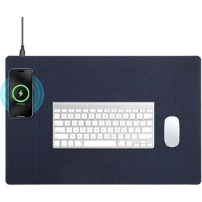 Magnetic Wireless Charging Desk Mat, 23.4''x15.6'' Large Office Mouse Pad, Microfiber Leather Mouse Mat with Ultra-Smooth Surface, Waterproof Computer Keyboard Desk Mat for Office & Home, Laptop, Blue