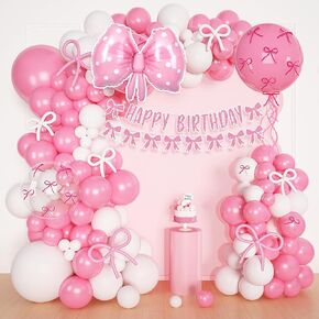 Amandir Pink Balloons Arch Garland Kit ، Coquette عيد ميلاد زخارف فاتحة بالون زملاء أبيض لونج بويز مع أقواس الشريط عيد ميلاد سعيد للفتيات اللوازم للحفلات
