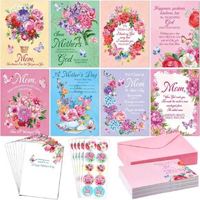 48 Sets Christian Religious Mothers Day Cards for Mom Floral Mothers Day Greeting Cards with Envelopes and Stickers Prayer Gifts (Classic Style)