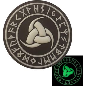 Triskelion Viking Norse PVC Triple Horn Odin Patch متوافق مع قبعات الفيلكرو على ظهره معنويات تصحيحات Viking (أبيض وأسود وهج داكن)
