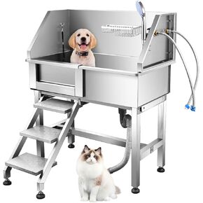 34'' Dog Washing Station,Dog Grooming Tub Stainless Steel Dog Washing Station for Small Pets, Dog Bathtub with Faucet Walk-in ramp and Accessories (Left Door) (Small)