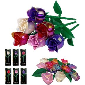 Building Blocks Flower Bouquet Set, 6 Roses with Pearlescent High-Shimmer Petals, Gift for Easter and Mother‘s Day, Home Decor, Present for Adults, Teens, Kids, Vase Not Included