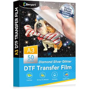 فيلم Beryzol DTF Silver Glitter Film Transfer Film: A3 50 Sheets (11.7 "× 16.5") ، ورقة نقل مطلية بمسحوق بريق للطباعة المباشرة DIY على القمصان النسيجية