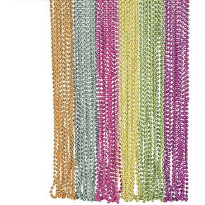 Fun Express - Metallic Neon Beaded Necklaces - Jewelry - Mardi Gras Beads - Mot Round - 48 Pieces