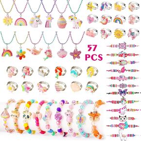 57pcs مجموعات مجوهرات فتاة صغيرة 【لا يوجد ازدواج】 ، زي الأطفال مجوهرات يلعب خواتم قلادات ، هدايا للفتيات الأميرة 3-5 4-6 6-8 سنة