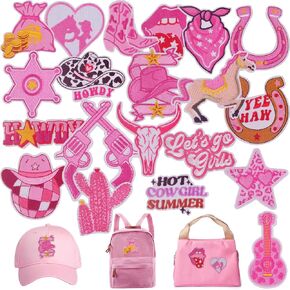 20pcs Western Cowgirl Iron on Patches Pink Preppy Preppered Sewed on Thoundique Repair Patch Diy Craft Roactories for Women Clothing Backing Hats Jund