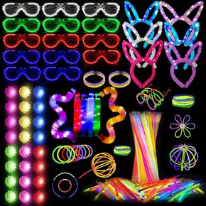 150 PCS LED Light Up Toy Party Favors,Glow Party Supplies with 100Pcs Glow Stick Bulks,6pcs LED Hair Band,24 Jelly Ring ,14pcs LED glasses and 6pcs Light up Pop Tubes for Glow Party, Wedding.