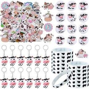 Cow Party Favors Supplies Include Cow Silicone Bracelets Cow Keychain Cow Pin Badges and Waterproof Cow Stickers for Baby Shower Return Present Farm Animal Birthday Party Supplies (Classic, 172 Pcs)