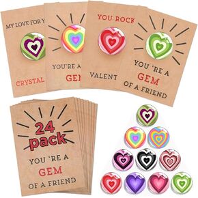 24 Pack Valentines Day Gifts, Valentines Cards with Heart-Shape Crystals, Valentine Gift Exchange for Boys Girls Toddlers Class Classroom School Party Favor