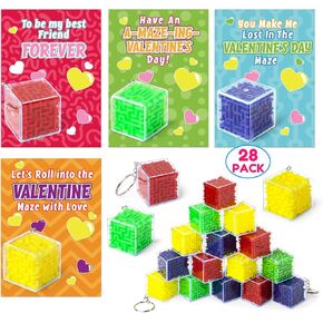 Valentines Day Card for Kids Classroom-28 Packs Valentine’s Greeting Cards with 3D Maze Puzzle Toys, Valentines Day Gifts for Kids, Valentine School Party Favors, Classroom Exchange Gift Keychains
