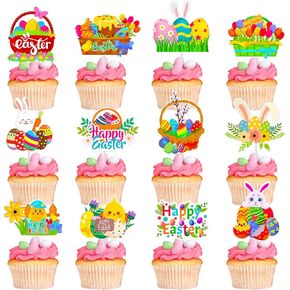12Pcs Cute Easter Cupcake Toppers Egg Rabbit Chicks Pattern Festivals Theme Cake Toppers Decoration for Easter Birthday Spring Party Supplies