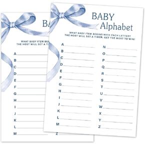 مجموعة لعبة Baby Alphabet Baby Shower ، 30 بطاقات لعبة استحمام الطفل Blue Bow ، وبطاقات ألعاب للكشف عن جنس إعلان الطفل ، وحفلات استحمام الطفل وأنشطة اللوازم -B14