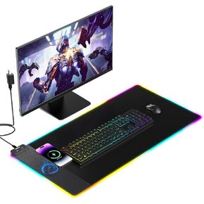 وسادة الماوس المصنوعة من Topmade مع شحن لاسلكي ، 31.5 "× 11.81" Desk Desk Mat RGB Mousepad ، لوحة لوحة مفاتيح لوحة المكتب LED مع سطح فائق السطح وقاعدة مطاطية غير قابلة للانزلاق ، وسادة مكتب مقاومة للماء