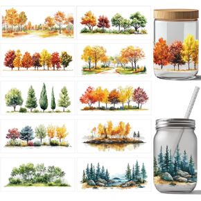 ARRICraft 10 Sheets UV DTF CUP WRAP ، 10 أنماط أشجار موضوع غابة توضيح طبيعية فرك على نقل ملصقات نقل PVC