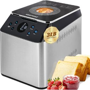 20-in-1 & 3LB Ultra Quiet Larger Bread Maker, Dual Heaters Bread Machine with Die-Cast Ceramic Pan, Stainless steel Breadmaker with Auto Fruit Dispenser & Custom Program, Timer, Sourdough,Gluten Free