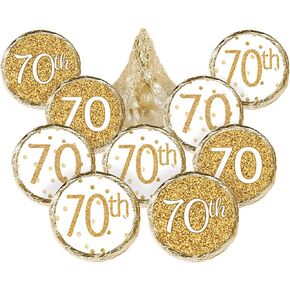 White and Gold 70th Birthday Party Favor Stickers, Chocolate Kisses Candy Stickers - 180 Labels