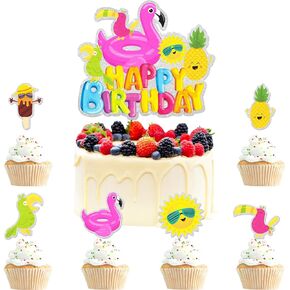 Kids' Hawaiian Flamingo Themed Happy Birthday Cake Toppers Set of 7 - This is a pool themed party, baby shower party, Hawaiian birthday party decoration that boys and girls will love - LIANGSS