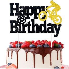 دراجة عيد ميلاد سعيد الكعكة Topper - Black Glitter Bicycle Cake Decoration for Sports Thief Party ، First Party Cake Decor Supplies