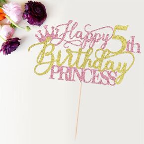 Princess الرابع كعكة عيد ميلاد Topper - سعيد الرابع عيد ميلاد لوازم الفتاة - فتاة أربع سنوات زخارف حفلة عيد ميلاد - بريق وردي وذهبي
