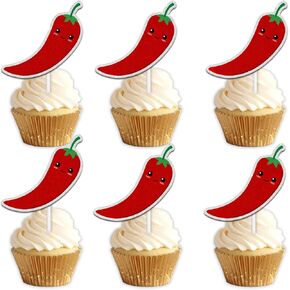 18pcs Red Glitter Cute Chili Dessert Cupcake Topper Traditional Fiesta Festival Mexican Food Vegetable Funny Theme Decor Supplies Baby Shower Boys Girls Happy Birthday Decorations