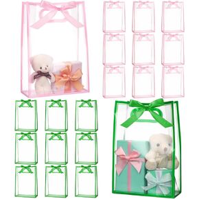 Kolldenn 20 PCS أكياس هدايا بلاستيكية خضراء ووردية مع مقابض 7 × 10 × 3.15 '' حفلة الساحرة لصالح أكياس هدايا واضحة قابلة لإعادة الاستخدام مع القوس الشريط لحفل الزفاف دش دش الطفل لصالح الحفل