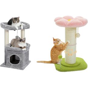 PEQULTI Cat Tree Tower for Indoor Cats and PEQULTI Flower Cat Scratching Post, Small Cat Tree, Tall Cat Scratcher for Indoor Cats