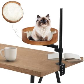 Cat Desk Bed, Office Desk Cat Bed Attachment Desk Mounted Cat Bed Indoor, Cats up to 25 lbs, 360°Rotation & Adjustable Height, Walnut, Round