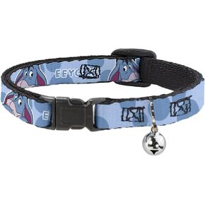 Buckle-Down Disney Cat Collar, Breakaway Collar with Bell, Winnie The Pooh Eeyore Text and Expression Close Up Dot Blues, 8.5 to 12 Inches 0.5 Inch Wide
