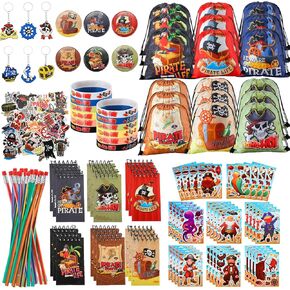 144 PCS Pirate Party Fords Favors تشمل 12 حقيبة ظهر رباط 12 سوار السيليكون 12 شارات 18 دفتر مفتاح 12 سلسلة مفاتيح 66 ملصقات DIY 12 قلم رصاص قابلة للانحناء لحشو حقيبة Goodie
