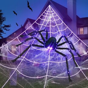 4.1 قدم عملاق LED Halloween العنكبوت مع شبكة العنكبوت 24.6 قدم ، والعيون والمفاصل الأرجواني الخفيفة ، وديكور الفناء في الهواء الطلق مع خطاف الأرض وخطاف الحضيض ، وديكور جدار متين وواقعي لحفلات الهالوين