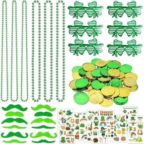 178pcs سانت باتريكس إكسسوارات يوم تبديل الملابس ، تفضل أن تكون شاميروك مصراع الظلال نظارات قلادة مؤقتة الوشم العملات المعدنية لسانت باتريكز ديكورز ديكورات الحفلات