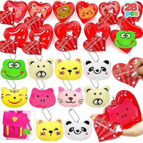 [ Filled Heart Giftbox ] 28 Pack Valentines Day Gifts for Kids with Stuffed Animal Plush Toys Keychains Valentines Cards for Kids Classroom Shool Exchang Prizes Valentines Party Favors Boys Girls