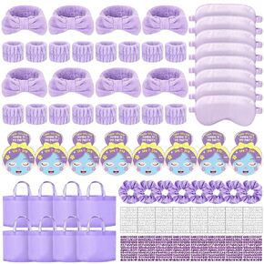 72 PCS SPA Sleepover Party Supplies للفتيات مع ملصقات DIY وبطاقة الترحيب معصم رئيس الأرجواني