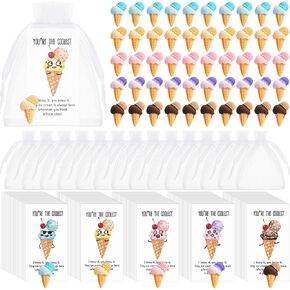 50 Set Ice Cream Party Favors Cute Resin Ice Cream Goodie Bags Birthday Party Decorations with You're the Coolest Card and Organza Gifts Bags for Appreciation Gifts